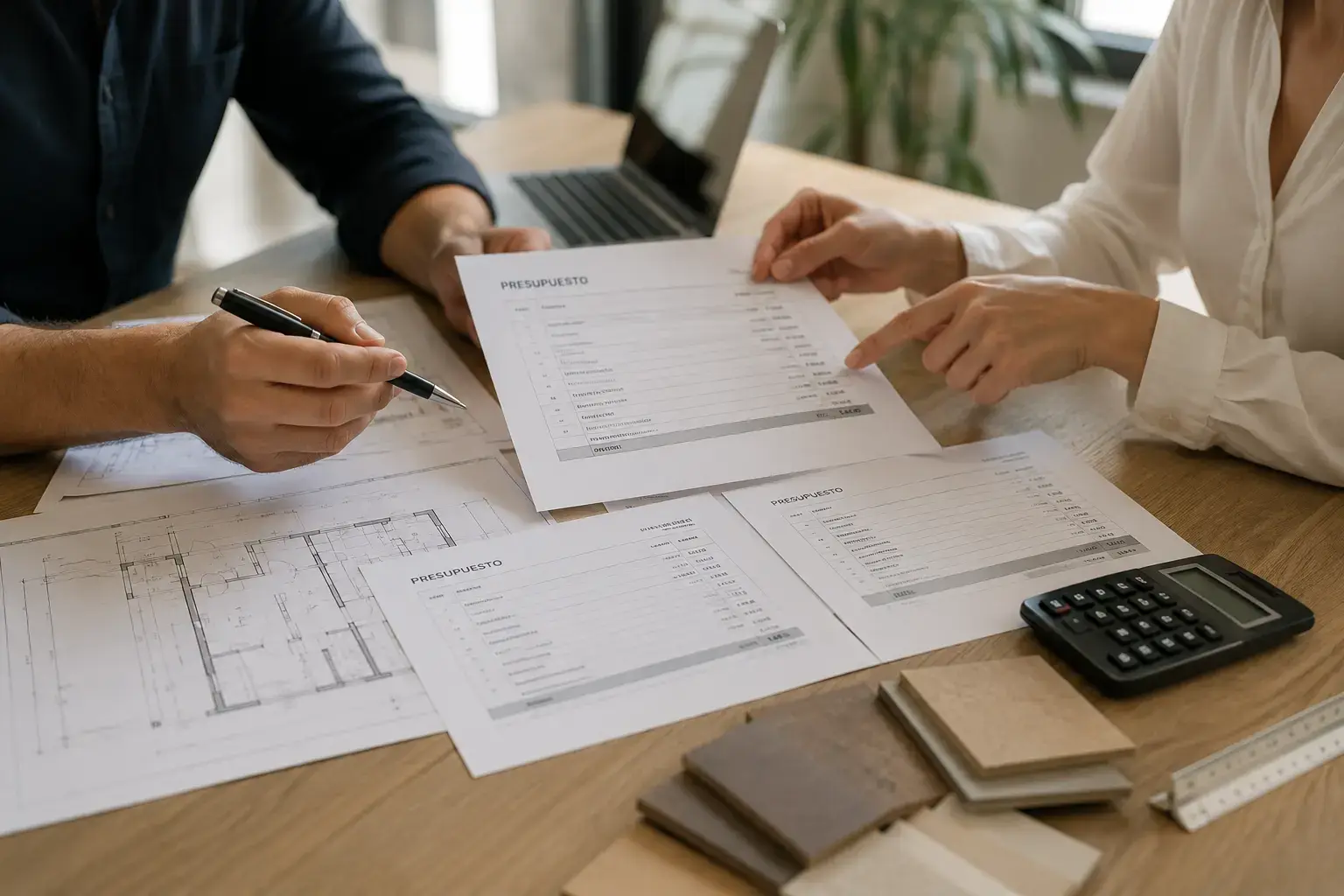 Comparación de varios presupuestos de reforma sobre una mesa
